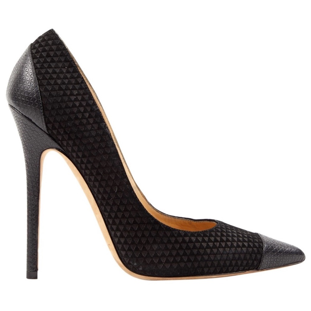 Jimmy Choo Black Cap Toe Embossed Leather and Suede Heels